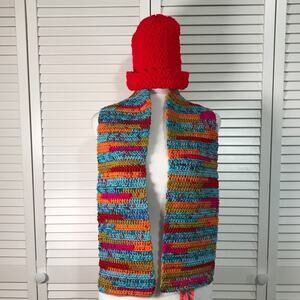 NWT Handmade Crocheted Red Multicolor Textured Beanie Scarf 49”